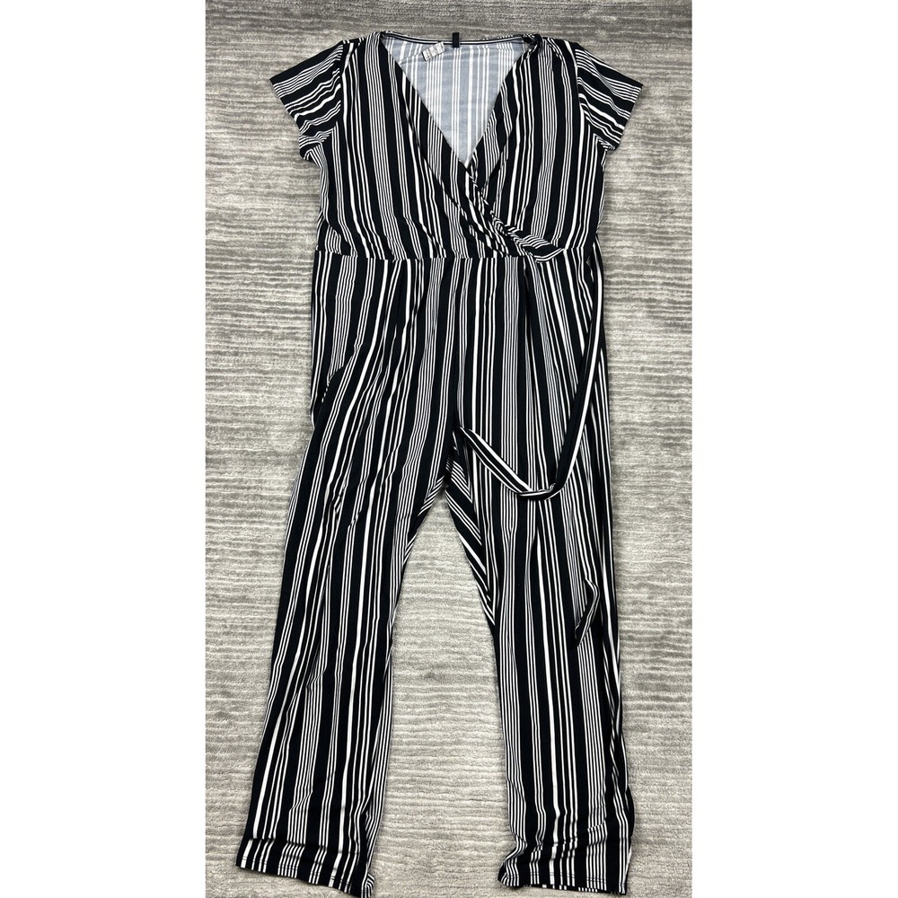 Derek Heart Jumpsuit Women 2X Black White Striped Wrap V-Neck Belted Short Slv